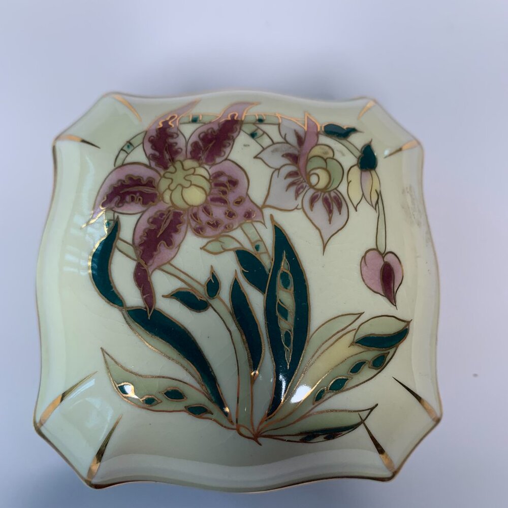 ZSOLNAY HUNGARY HAND PAINTED FLORAL COVERED DISH SIGNED GOLD TRIM  Porcelain 4”